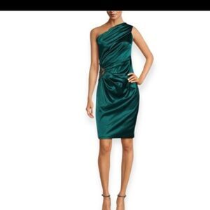 Eliza J Asymetrical 1 Shoulder Hunter Green Satin Midi Sheath Dress Size 6 NWT